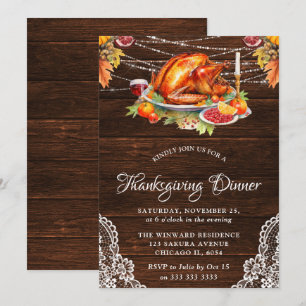 Rustic Fall Roasted Turkey Wood Thanksgiving Invitation