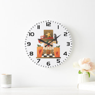 Rustic Fall Scarecrow with Pumpkins and Crow  Large Clock