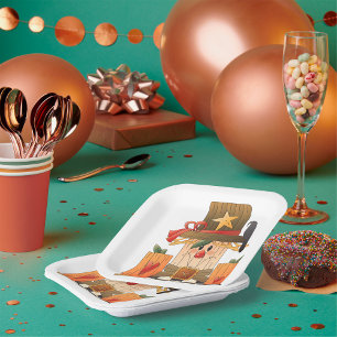 Rustic Fall Scarecrow with Pumpkins and Crow  Paper Plate