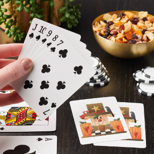 Rustic Fall Scarecrow with Pumpkins and Crow Playing Cards