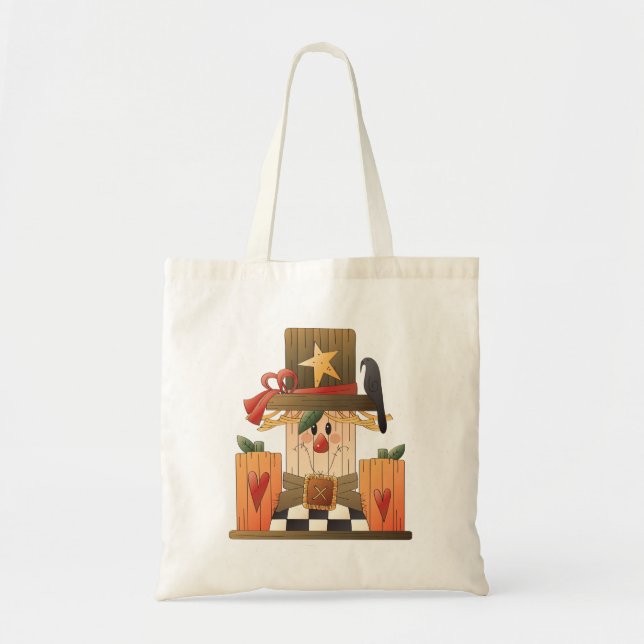 Rustic Fall Scarecrow with Pumpkins and Crow  Tote Bag (Front)