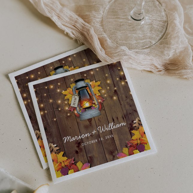Rustic Fall String Lights Autumn Leaves Wedding Napkin (Creator Uploaded)