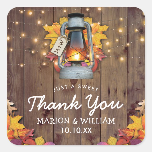 Rustic Fall String Lights Autumn Leaves Wedding Square Sticker (Front)
