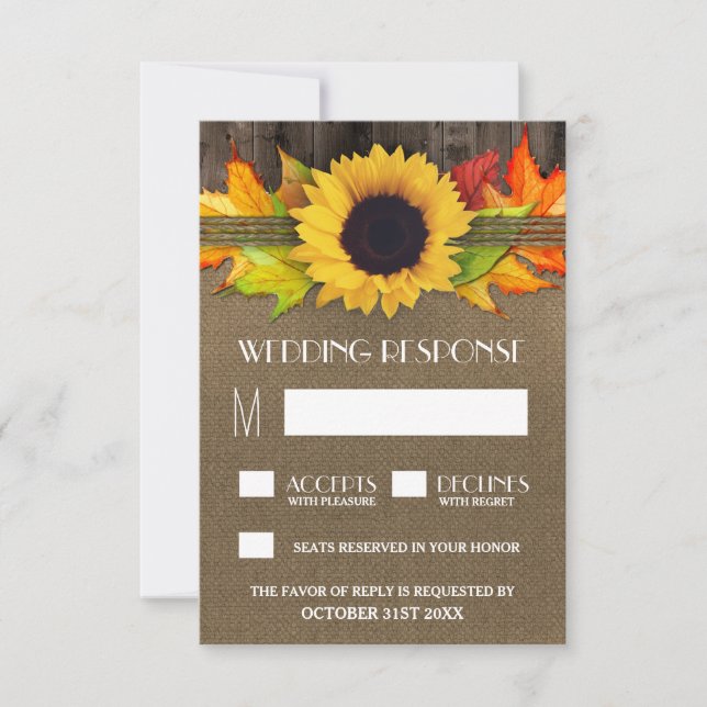 Rustic Fall Sunflower + Burlap Wedding RSVP Cards (Front)