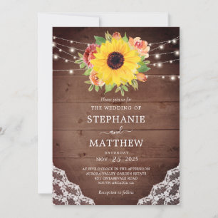 Rustic Fall Sunflower Coral Floral Lights Wedding Invitation