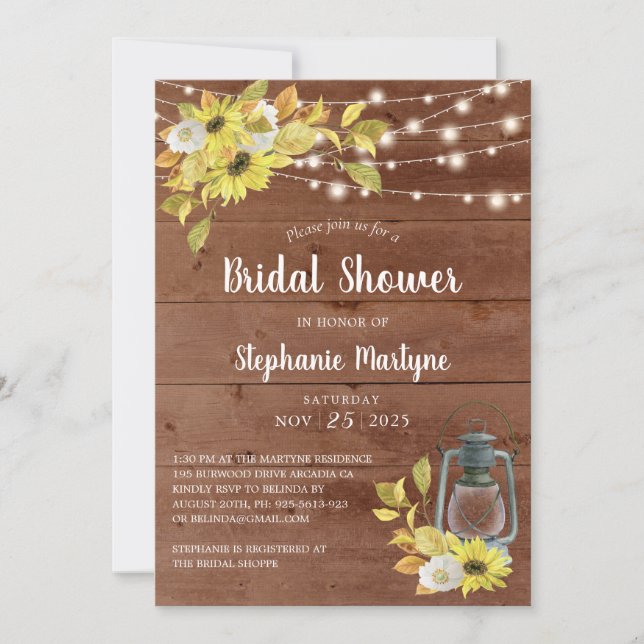 Rustic Fall Sunflower Lantern Lights Bridal Shower Invitation (Front)