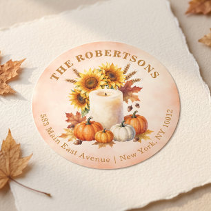 Rustic Fall Sunflower Pumpkin Return Address Classic Round Sticker