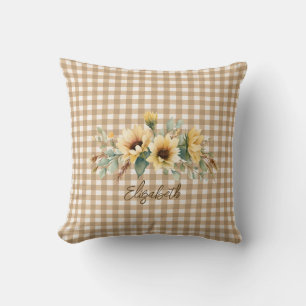 Rustic Fall Sunflowers Brown Gingham Personalised  Cushion