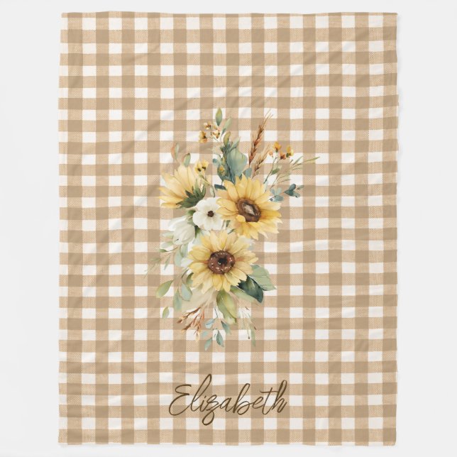 Rustic Fall Sunflowers Brown Gingham Personalised  Fleece Blanket (Front)