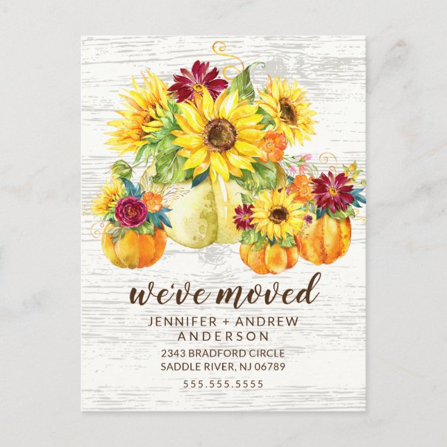 Rustic Fall Sunflowers Pumpkin Moving Announcement Postcard (Front)