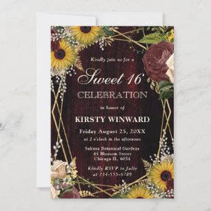 Rustic Fall Sunflowers Wood and Frame Sweet 16 Invitation