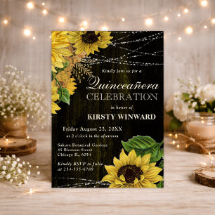 Rustic Fall Sunflowers Wood and Lights Quinceanera Invitation