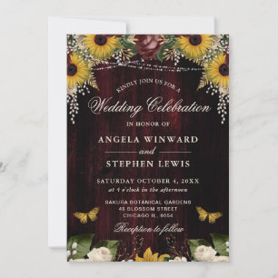 Rustic Fall Sunflowers Wood and Lights Wedding Invitation