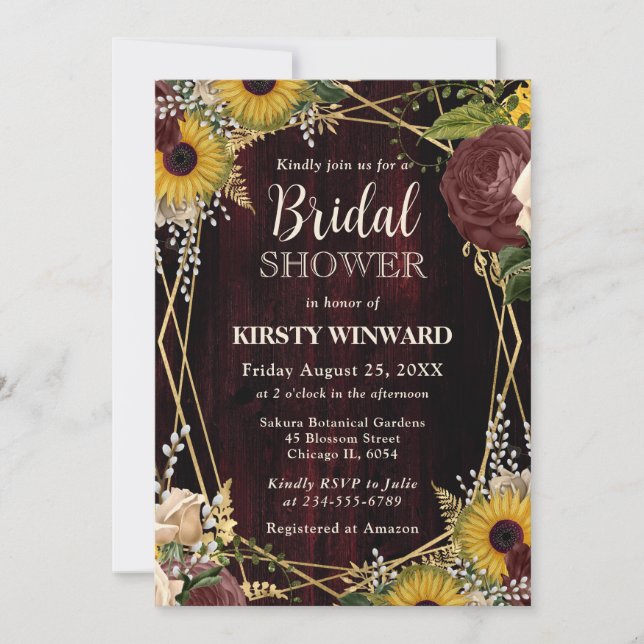 Rustic Fall Sunflowers Wood Frame Bridal Shower Invitation (Front)