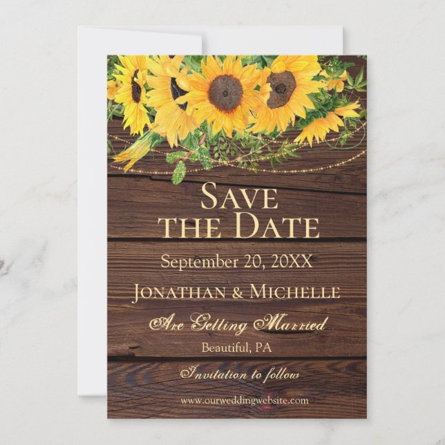 Rustic Fall Sunflowers Wood Inspirational Wedding Save The Date (Front)