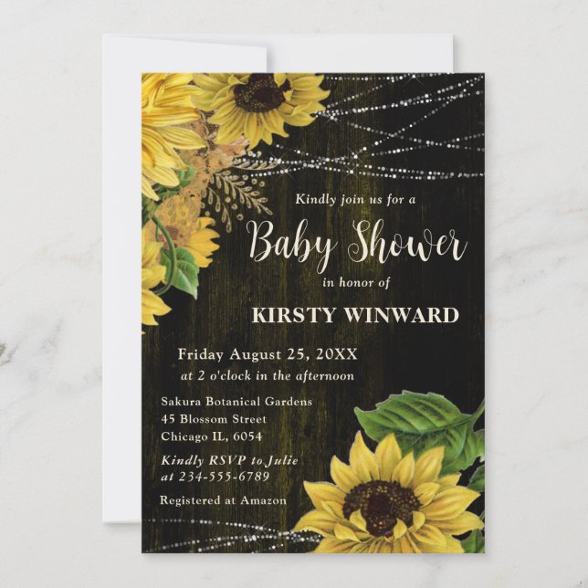 Rustic Fall Sunflowers Wood Lights Baby Shower Invitation (Front)