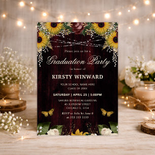 Rustic Fall Sunflowers Wood Lights Graduation Invitation