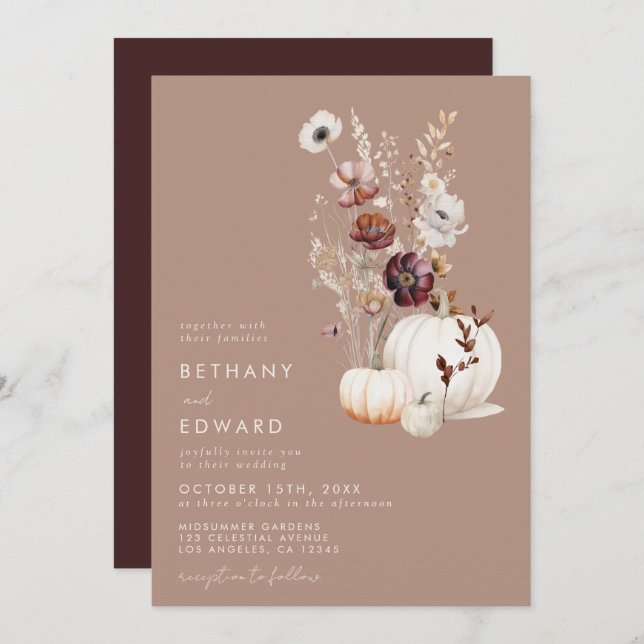 Rustic Fall Taupe Floral Pumpkin Wedding Invitation (Front/Back)