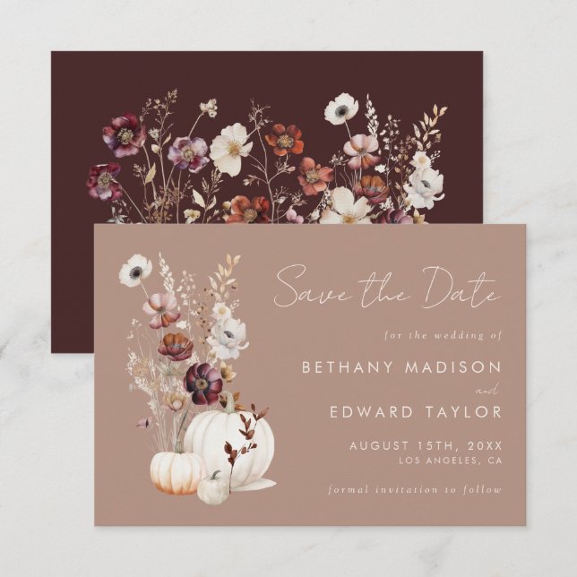 Rustic Fall Taupe Floral Pumpkin Wedding Save The Date (Front/Back)