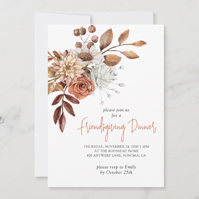Rustic Fall Terracotta Bisque Floral Friendsgiving Invitation (Front)