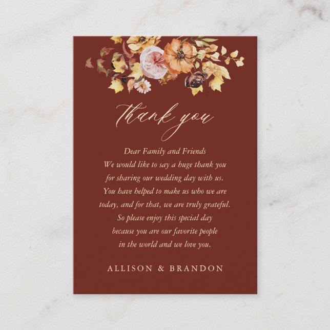 Rustic Fall Terracotta Boho Wedding Thank You  Place Card (Front)