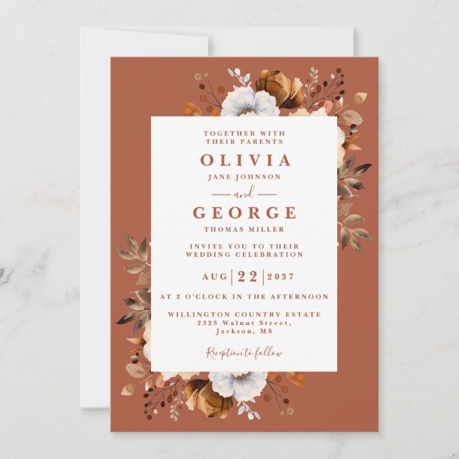 Rustic Fall Terracotta Floral Modern Wedding Invitation (Front)