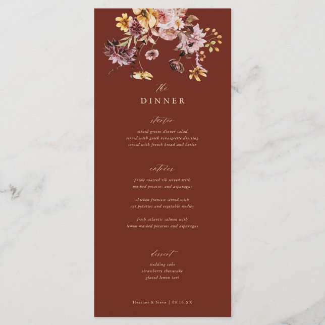 Rustic Fall Terracotta Floral Wedding Dinner Menu (Front)