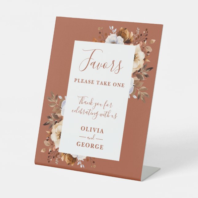 Rustic Fall Terracotta Floral Wedding Favours Pedestal Sign (Front)