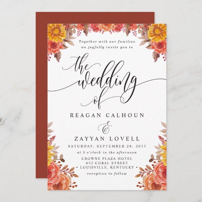 Rustic Fall Terracotta Floral Wedding Invitation (Front/Back)