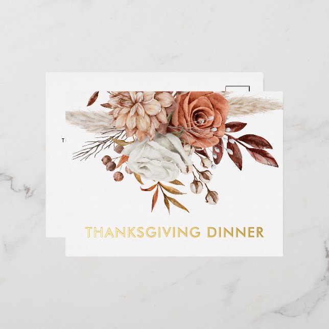 Rustic Fall Terracotta Florals Thanksgiving Dinner Foil Invitation Postcard (Front/Back)