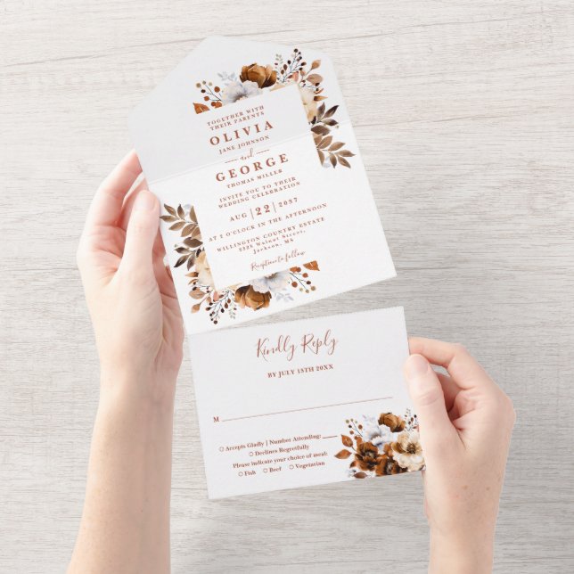 Rustic Fall Terracotta Modern Floral Wedding All In One Invitation (Tearaway)