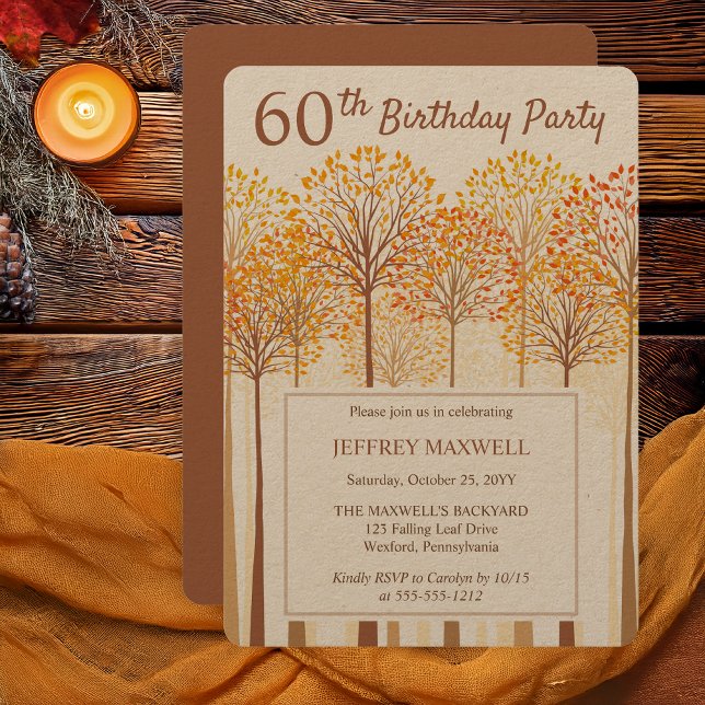 Rustic Fall Trees Terracotta 60th Birthday Party  Invitation (Rustic Fall Trees Autumn Terracotta 60th Birthday Party Invitation - - Kraft Paper)