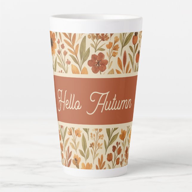 Rustic fall vibe flowers - hello autumn typography latte mug (Front)