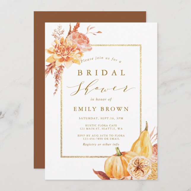 Rustic Fall Watercolor Floral Gold Bridal Shower  Invitation (Front/Back)