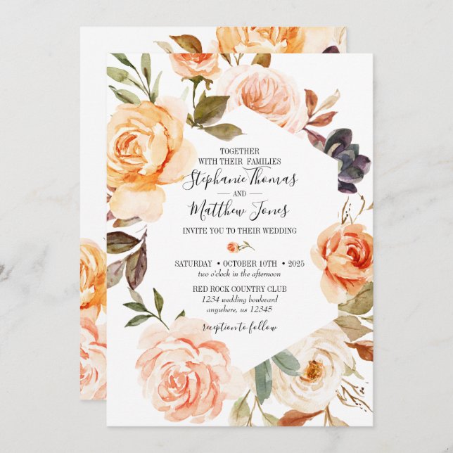 Rustic Fall Watercolor Floral Wedding Invitation (Front/Back)