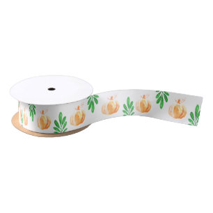 Rustic Fall Watercolor Pumpkins & Leaf Sprigs Satin Ribbon