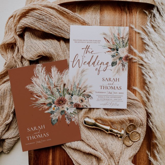 Rustic Fall Wedding Invitation Card Terracotta (Rustic Fall Wedding Invitation Card Terracotta Boho (Front and Back))