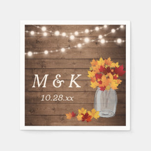 Rustic Fall Wedding Monogram String Lights Wood Napkin