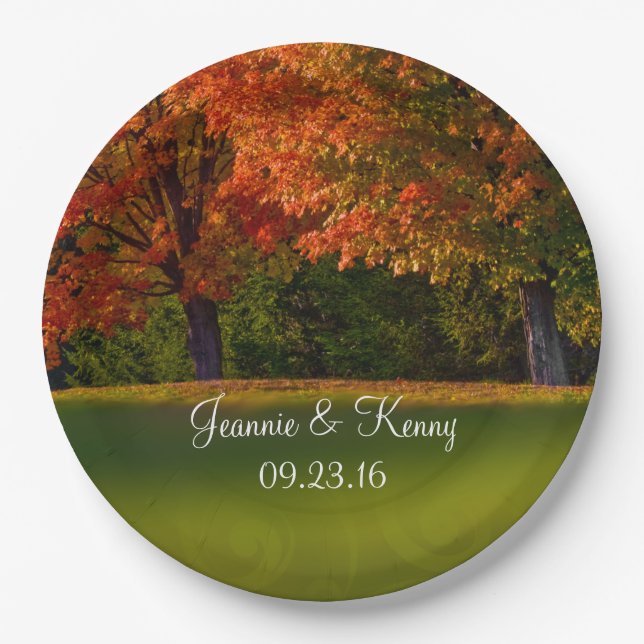 Rustic Fall Wedding Personalizable Names Date Paper Plate (Front)