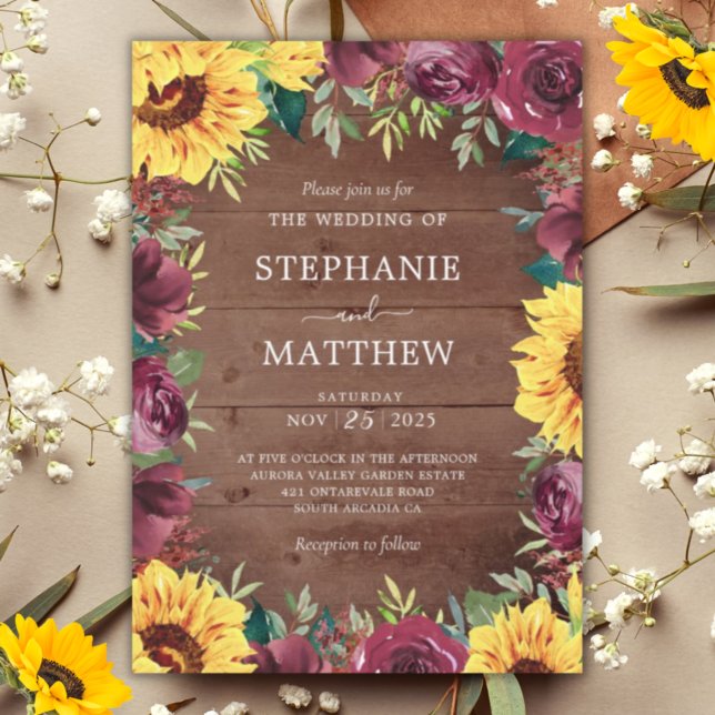 Rustic Fall Wedding Sunflower Burgundy Floral Invitation (Creator Uploaded)