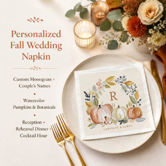  Rustic Fall Wedding Watercolor Pumpkins Monogram Napkin