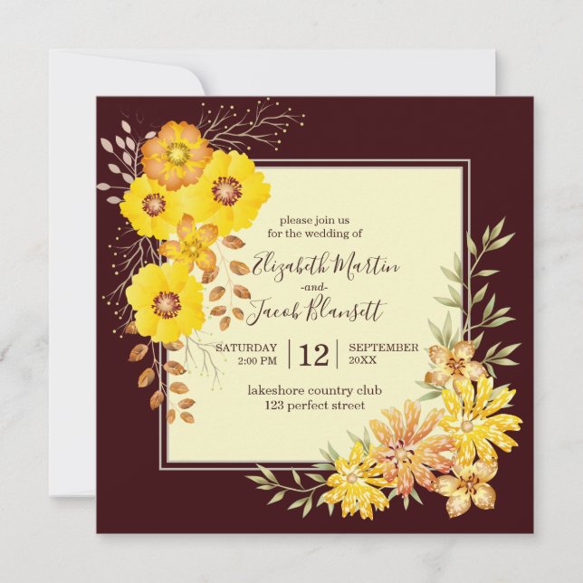 Rustic Fall Wedding Yellow Wild Roses, burgundy Invitation (Front)