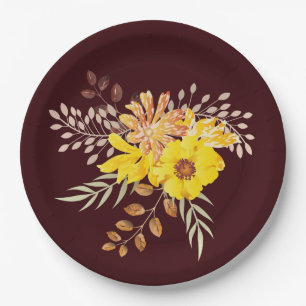 Rustic Fall Wedding Yellow Wild Roses, burgundy Paper Plate