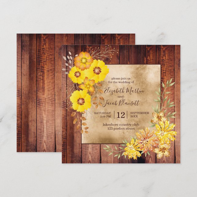 Rustic Fall Wedding Yellow Wild Roses Invitation (Front/Back)