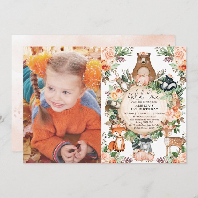Rustic Fall Woodland Floral Wild One 1st Birthday Invitation (Front/Back)