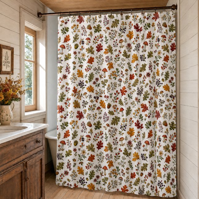 Rustic Fall Woodland Mushroom Leaves Pattern Shower Curtain (Creator Uploaded)