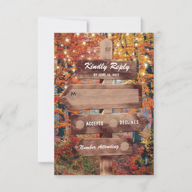 Rustic Fall Woodland String Lights Wedding RSVP Card (Front)