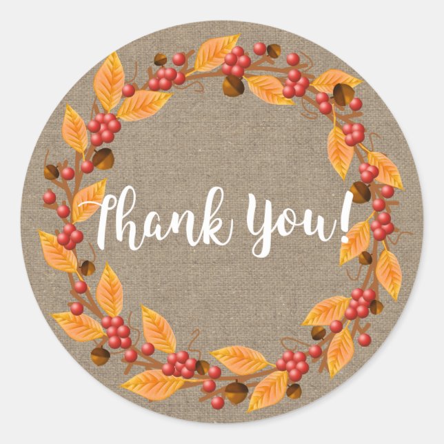 Rustic Fall Wreath & Faux Burlap Initial Letter Classic Round Sticker (Front)