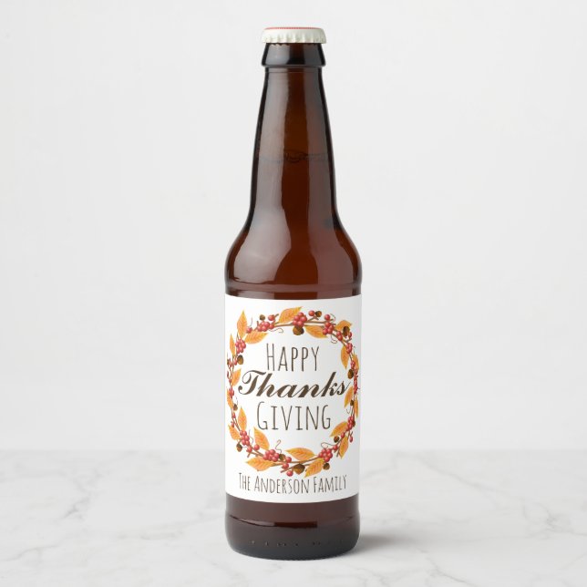Rustic Fall Wreath Happy Thanksgiving Beer Bottle Label (Front)