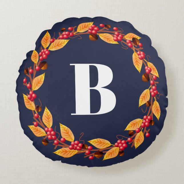 Rustic Fall Wreath & Navy | Personalised Round Cushion (Front)